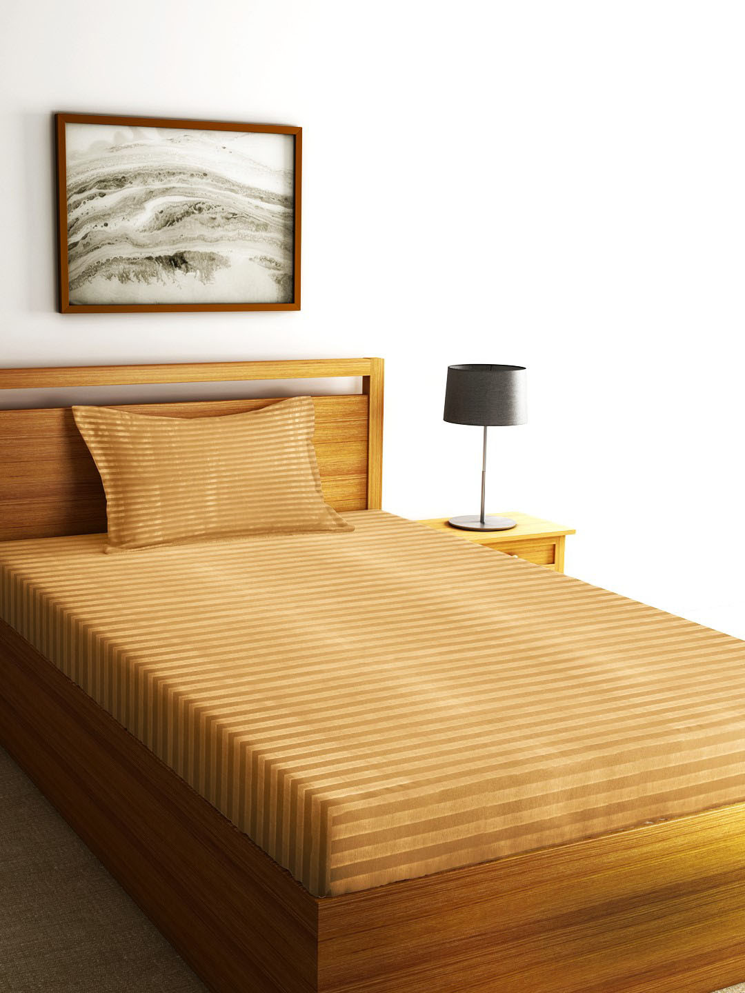 Home Sizzler Beige Striped 300 TC Single Satin Bedsheet with 2 Pillow Covers