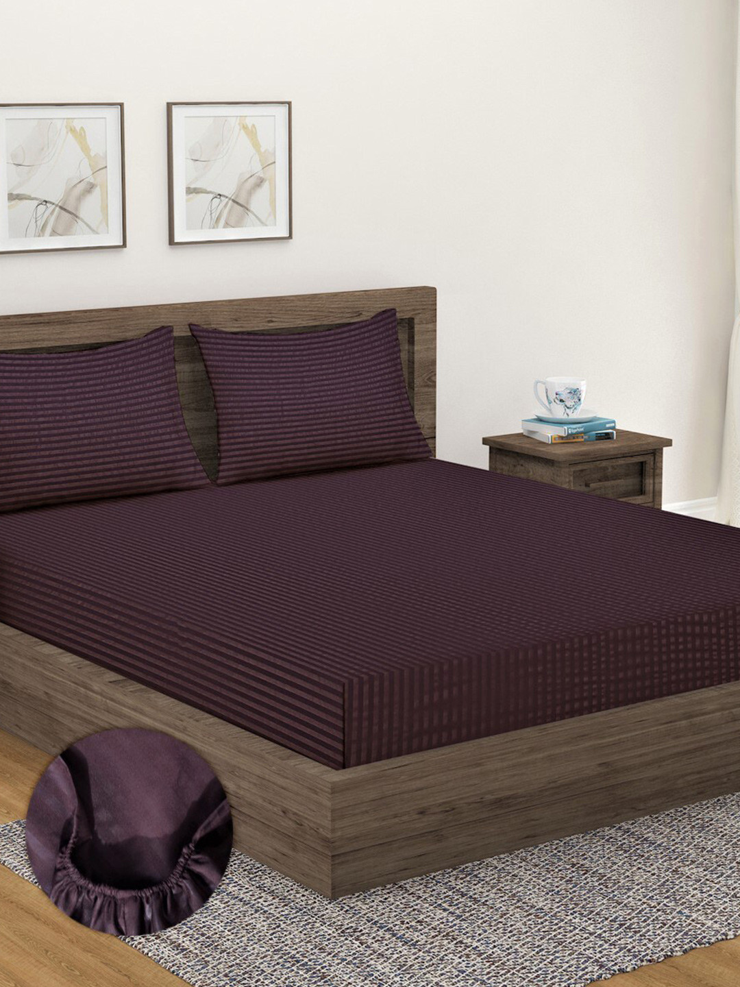 Home Sizzler Brown Striped 300 TC Cotton King Fitted 1 Bedsheet with 2 Pillow Covers