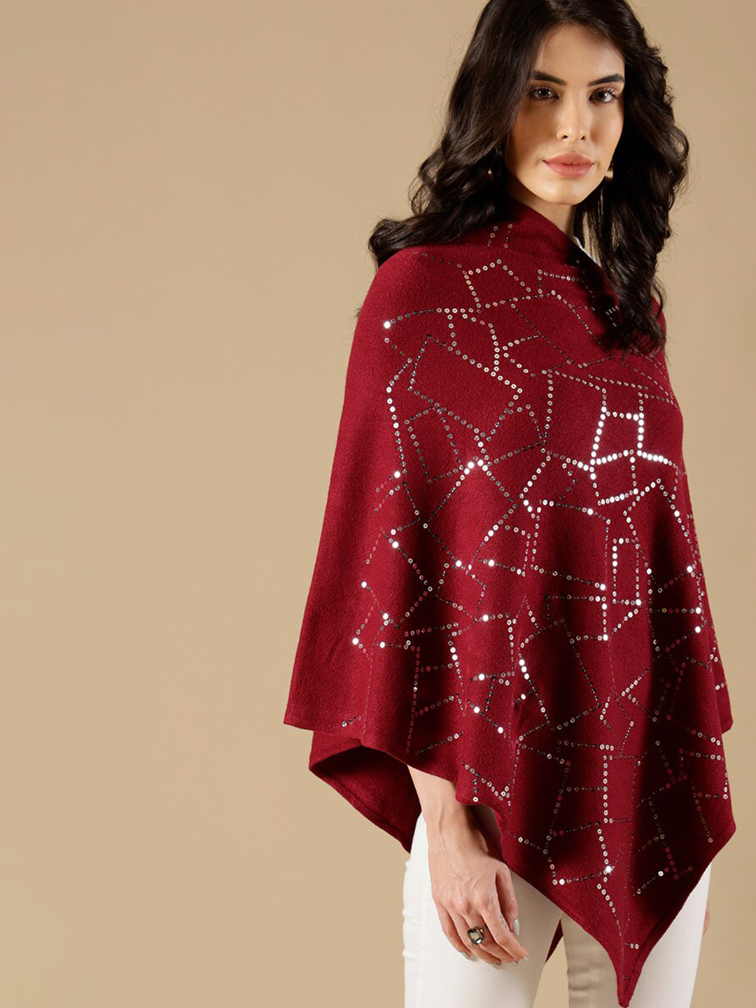 Gipsy Women Acrylic Poncho with Embellished Detail