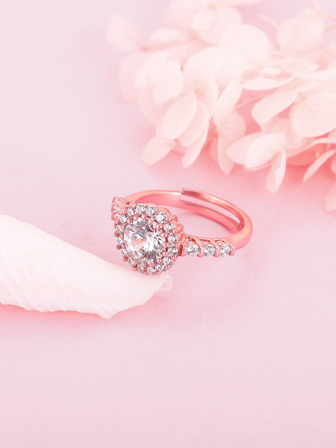GIVA Women 925 Sterling Sliver & Rose Gold-Plated & CZ Studded Adjustable Finger Ring