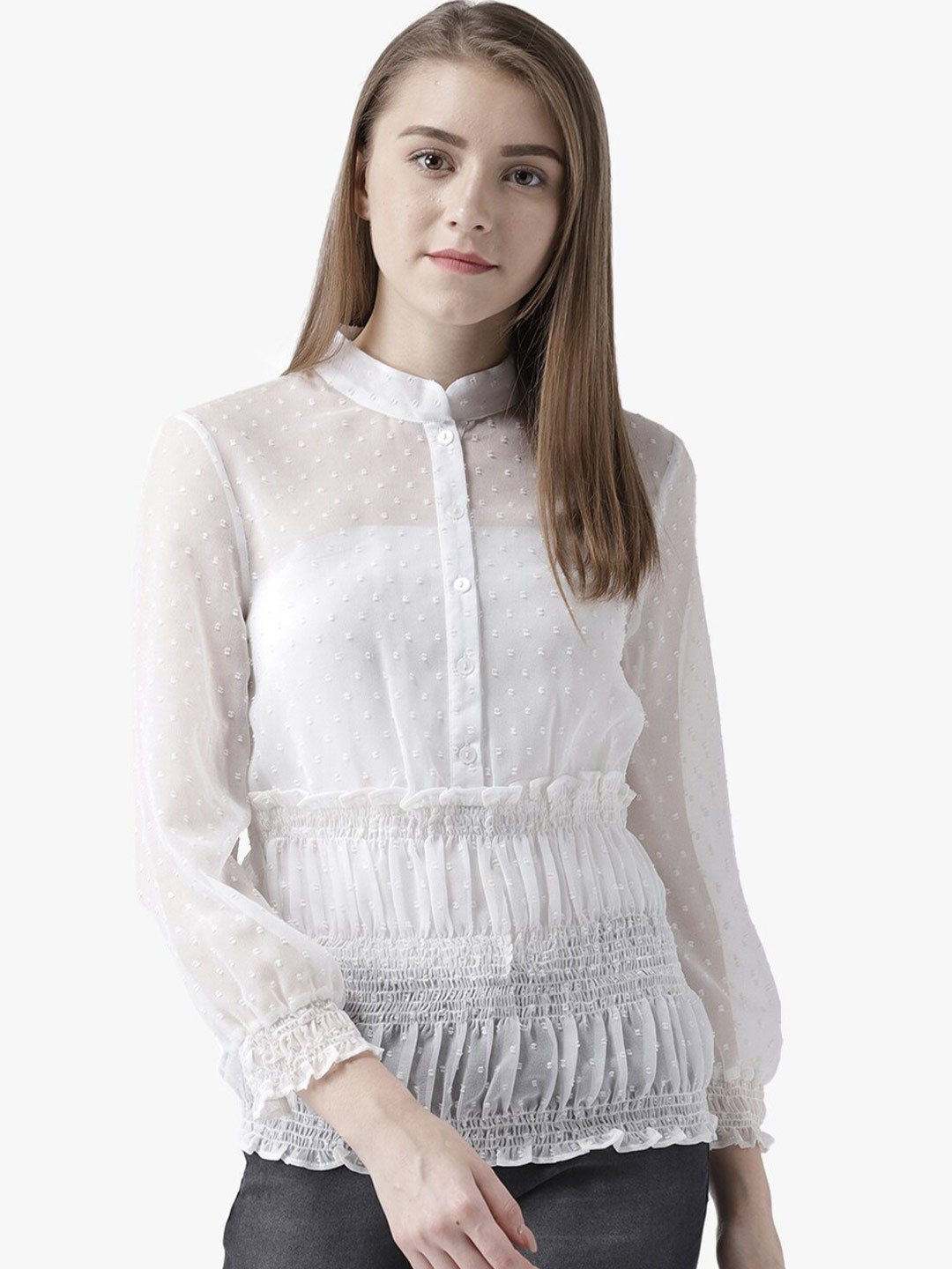 DODO & MOA White Mandarin Collar Sheer Top