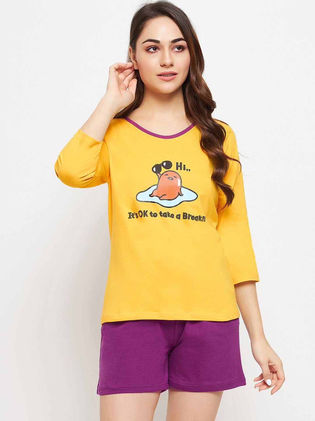 Clovia Graphic & Text Print Top in Yellow & Chic Basic Shorts
