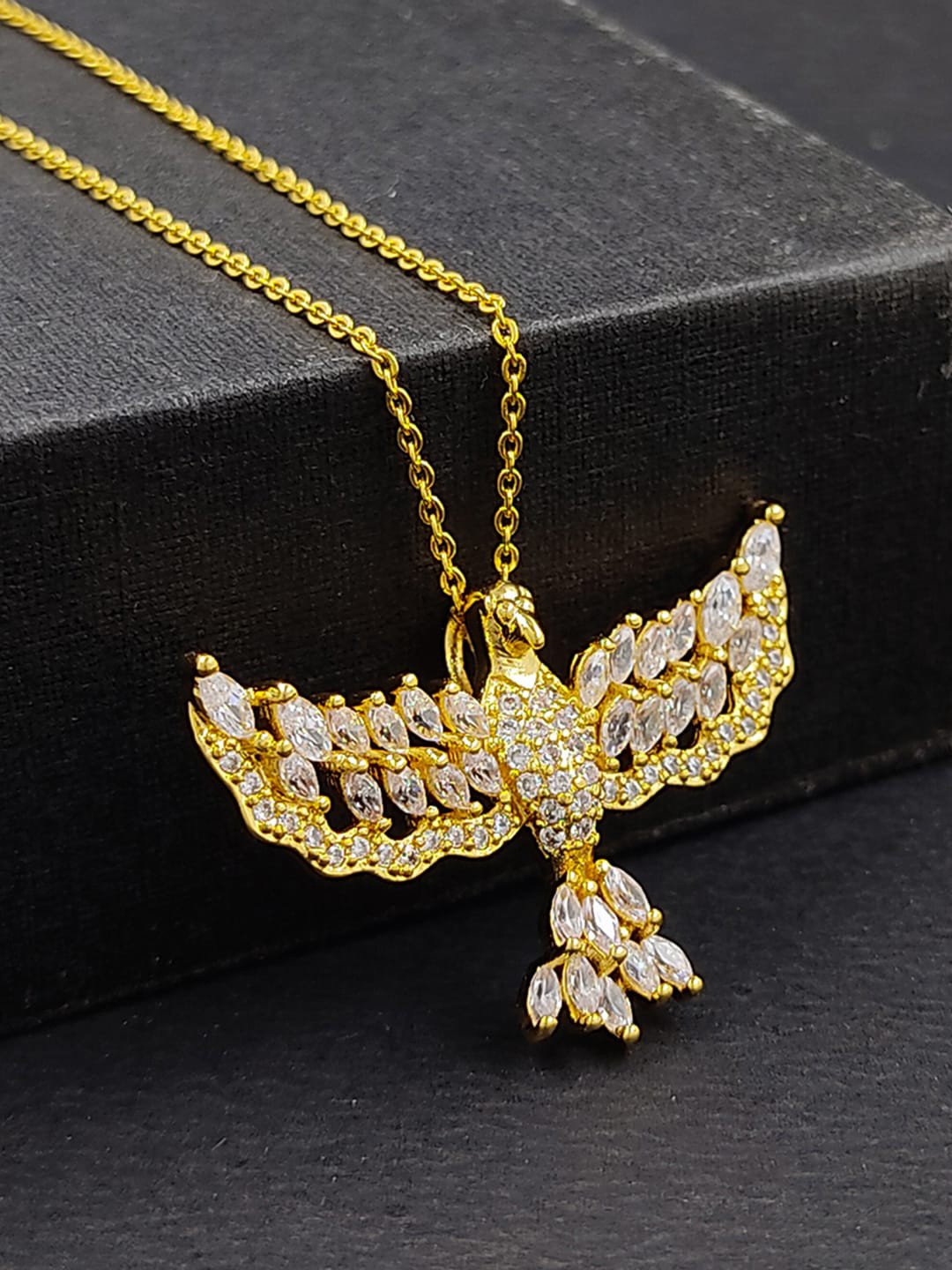 Saizen Gold-plated & CZ Stone-Studded Flying Bird Pendant With Chain