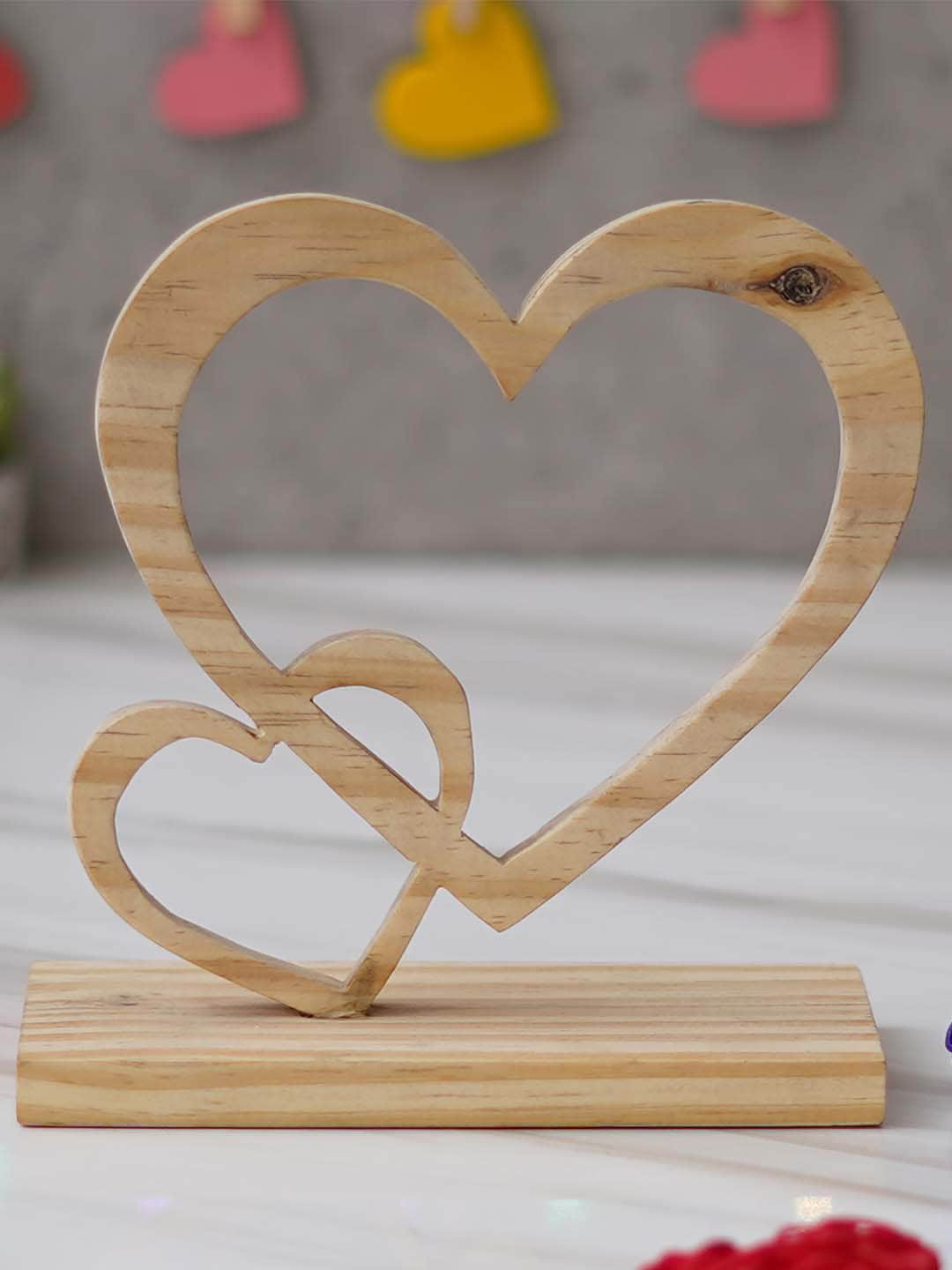 eCraftIndia Hearts Brown Wood Natural Living Room Small Showpiece - 3.1 Inches