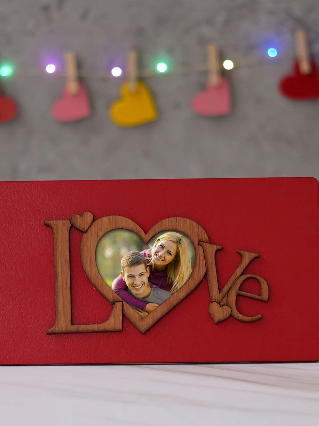eCraftIndia Red & Brown Valentine Wooden Photo Frame With Stand