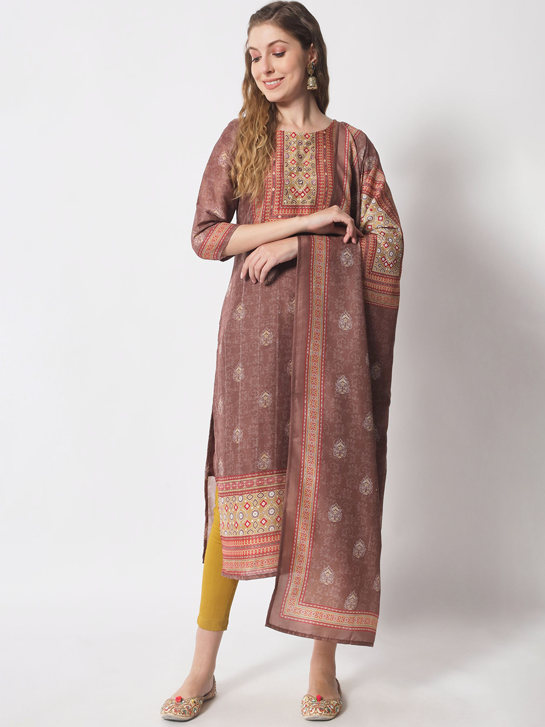 Shopping Queen Women Ethnic Motifs Printed Sequinned Kurta With Leggings & Dupatta