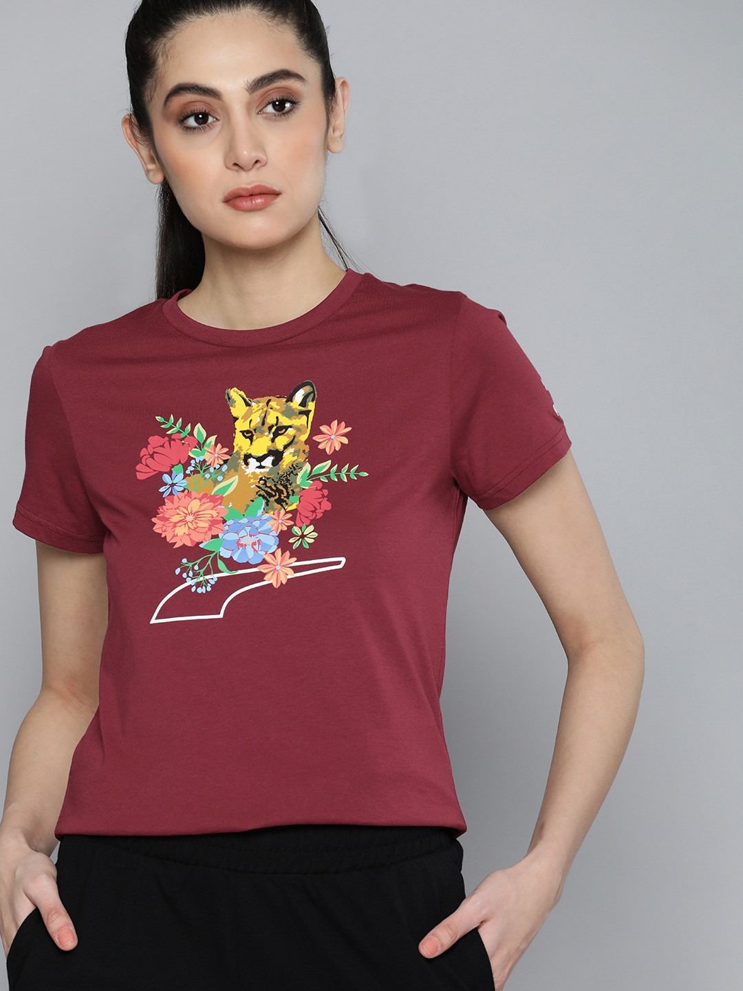 Puma Women Floral Printed Cat Graphic Pure Cotton T-shirt