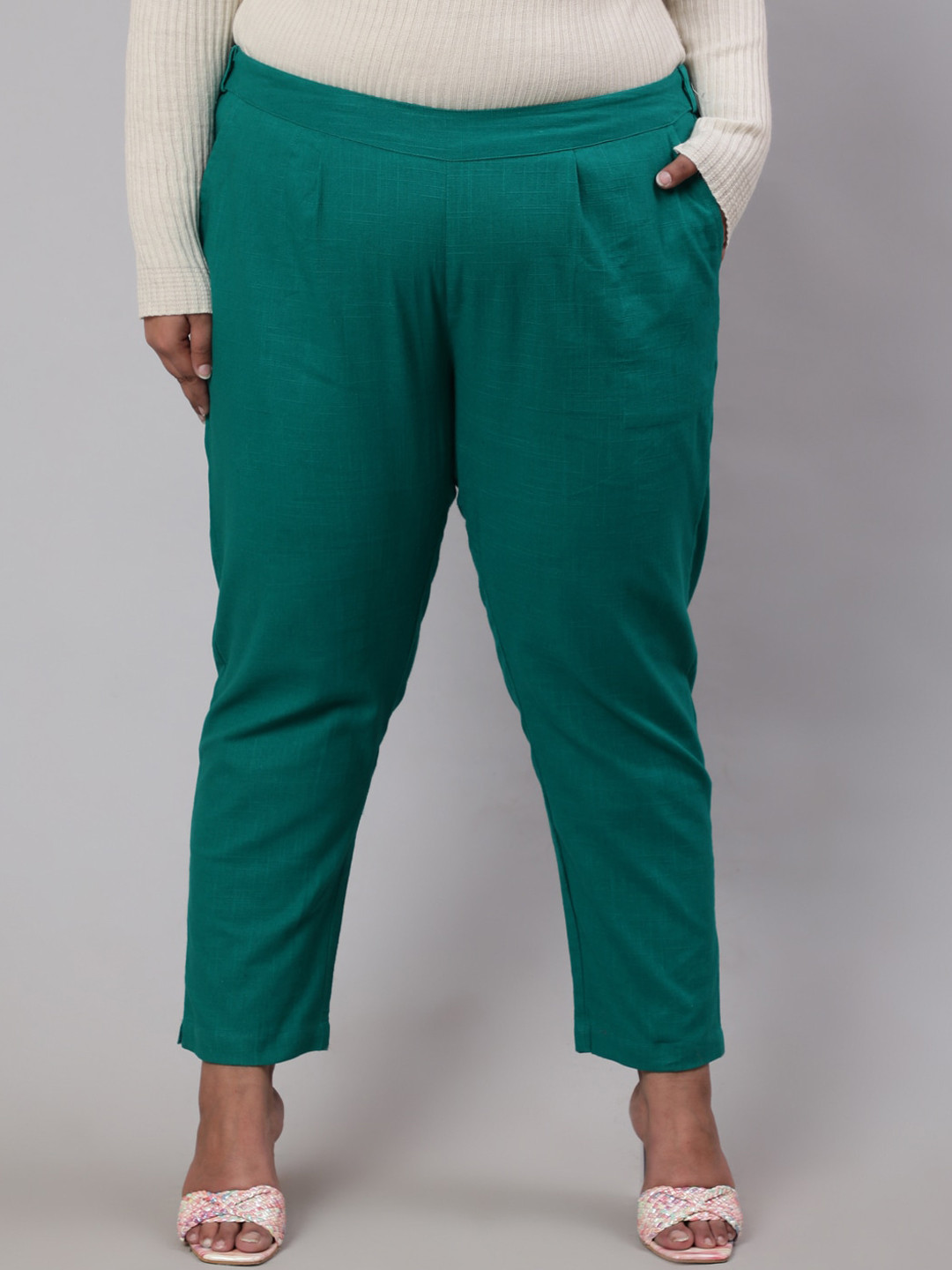 Jaipur Kurti Women Plus Size Pleated Cotton Trousers