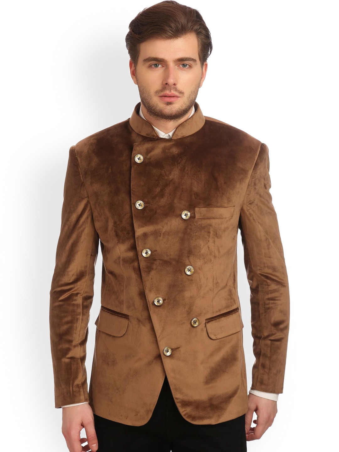 Wintage Brown Double-Breasted Tailored Fit Ethnic Bandhgala Blazer