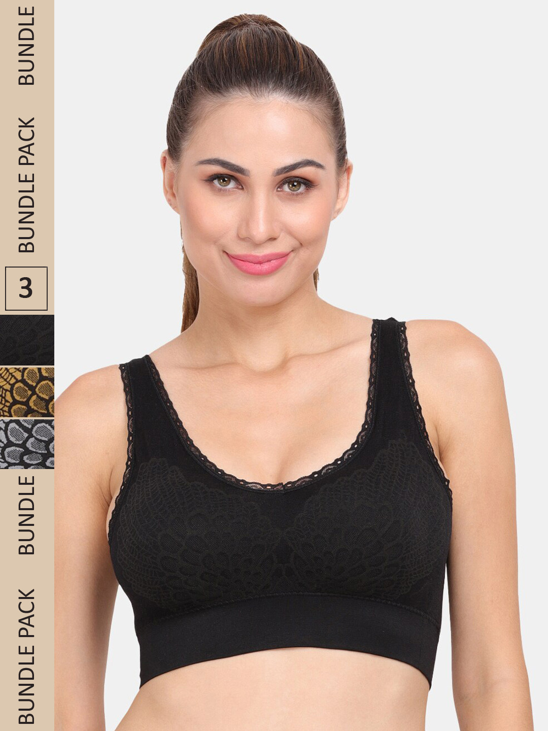 Amour Secret Pack of 3 Lightly Padded Anti-Odour Sports Bra S998_Blk_Gry_Ylw