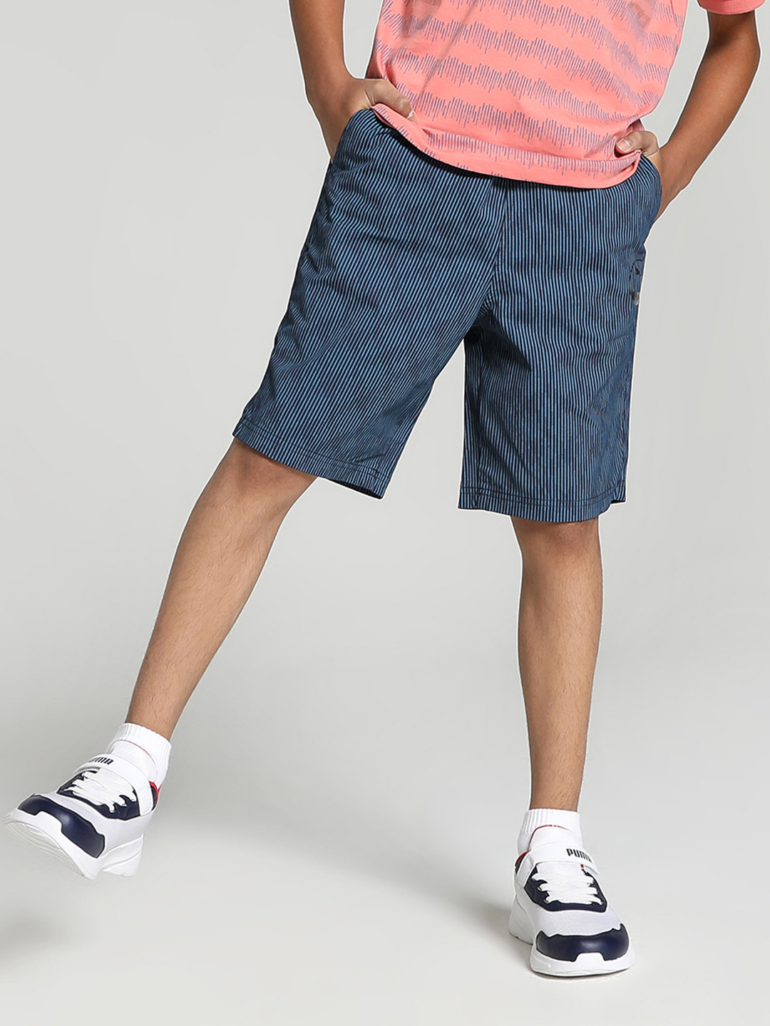 one8 x PUMA Boys Blue Striped Pure Cotton Regular Fit VK AOP Chino Shorts