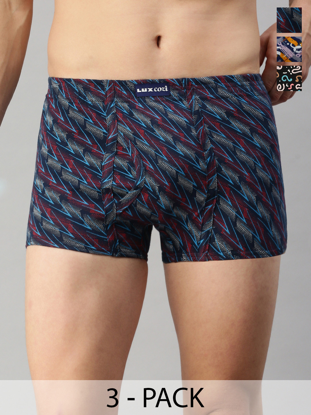 Lux Cozi Pack Of 3 Assorted Pure Cotton Mid-Rise Basic Printed Semi-Long Trunks