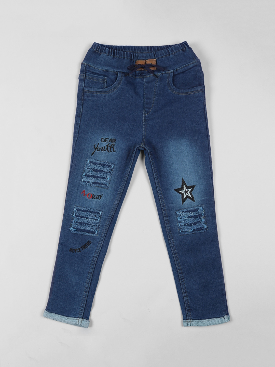 A-Okay Unisex Kids Slim Fit High-Rise Mildly Distressed Embroidered Cotton Jeans