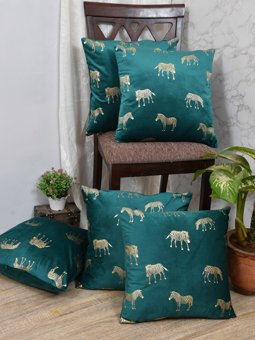 Clasiko Green Animal Velvet Durable 5 Piece Embellished Square Cushion Covers -12x12In