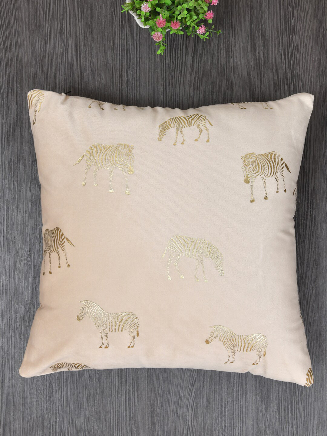 Clasiko Cream-Coloured & Gold-Toned Set of 3 Zebra Velvet Square Cushion Covers