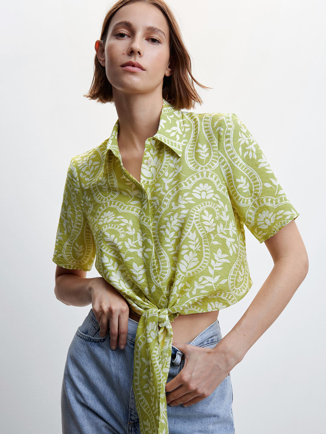 MANGO Ethnic Motifs Printed Sustainable Shirt Style Crop Top