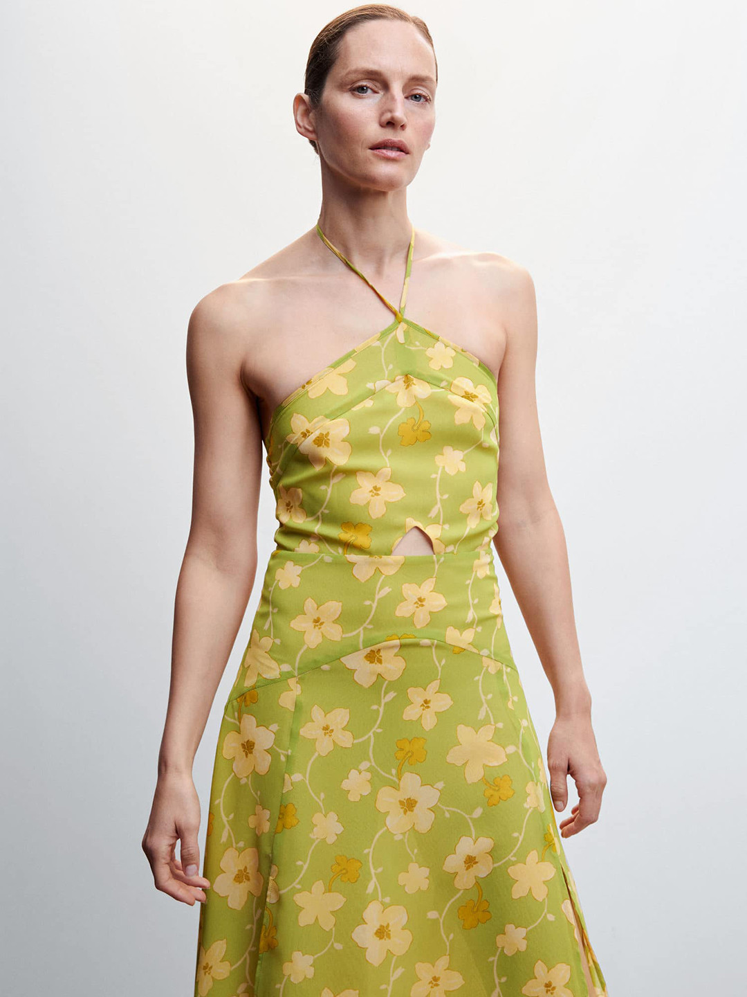 MANGO Floral Print Halter Neck Midi Fit & Flare Dress with Back Tie-Up