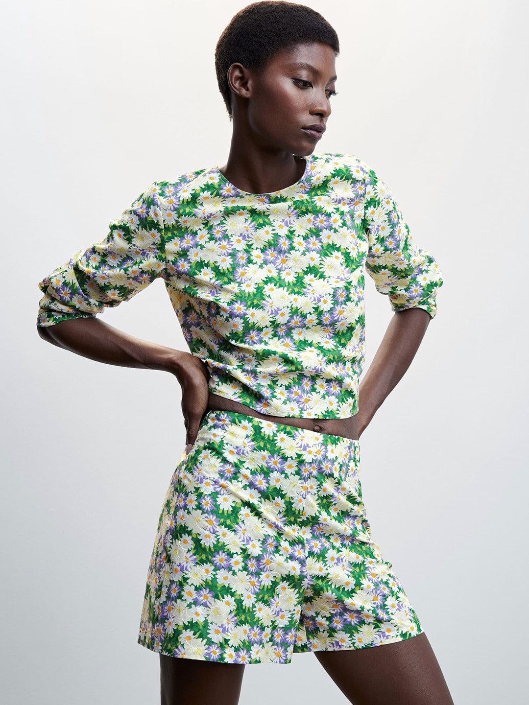 MANGO Floral Print Cotton Styled Back Crop Top