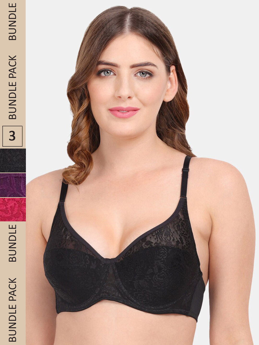 Amour Secret Pack of 3 Underwired Non-Padded Bra B401_Blk_Mrn_Prl