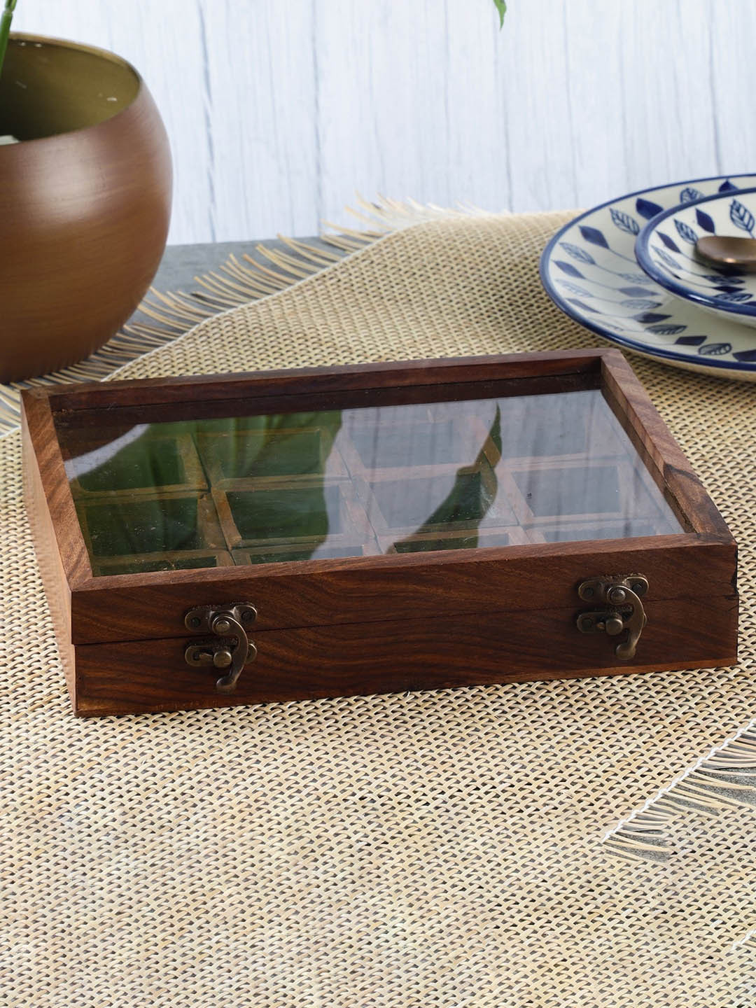 The Decor Mart Camel Brown 12 Compartment Spice Box With Transparent Window