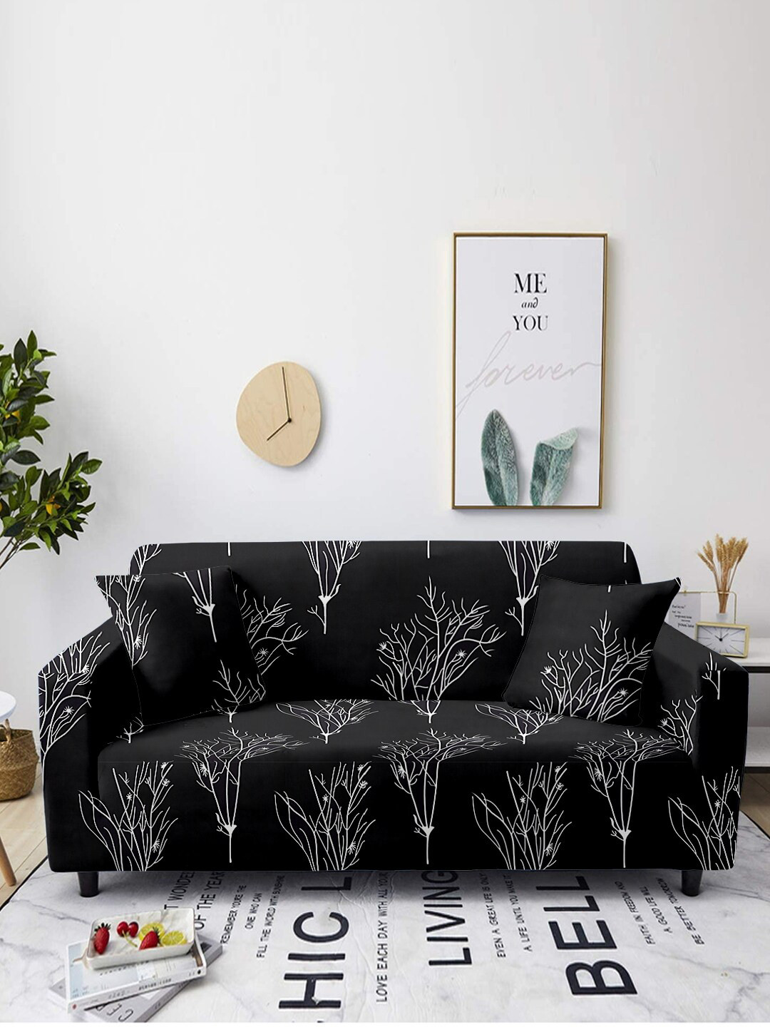 Aura Black Tropical Polyester Straight 3 Seater Sofa Cover-73x91In