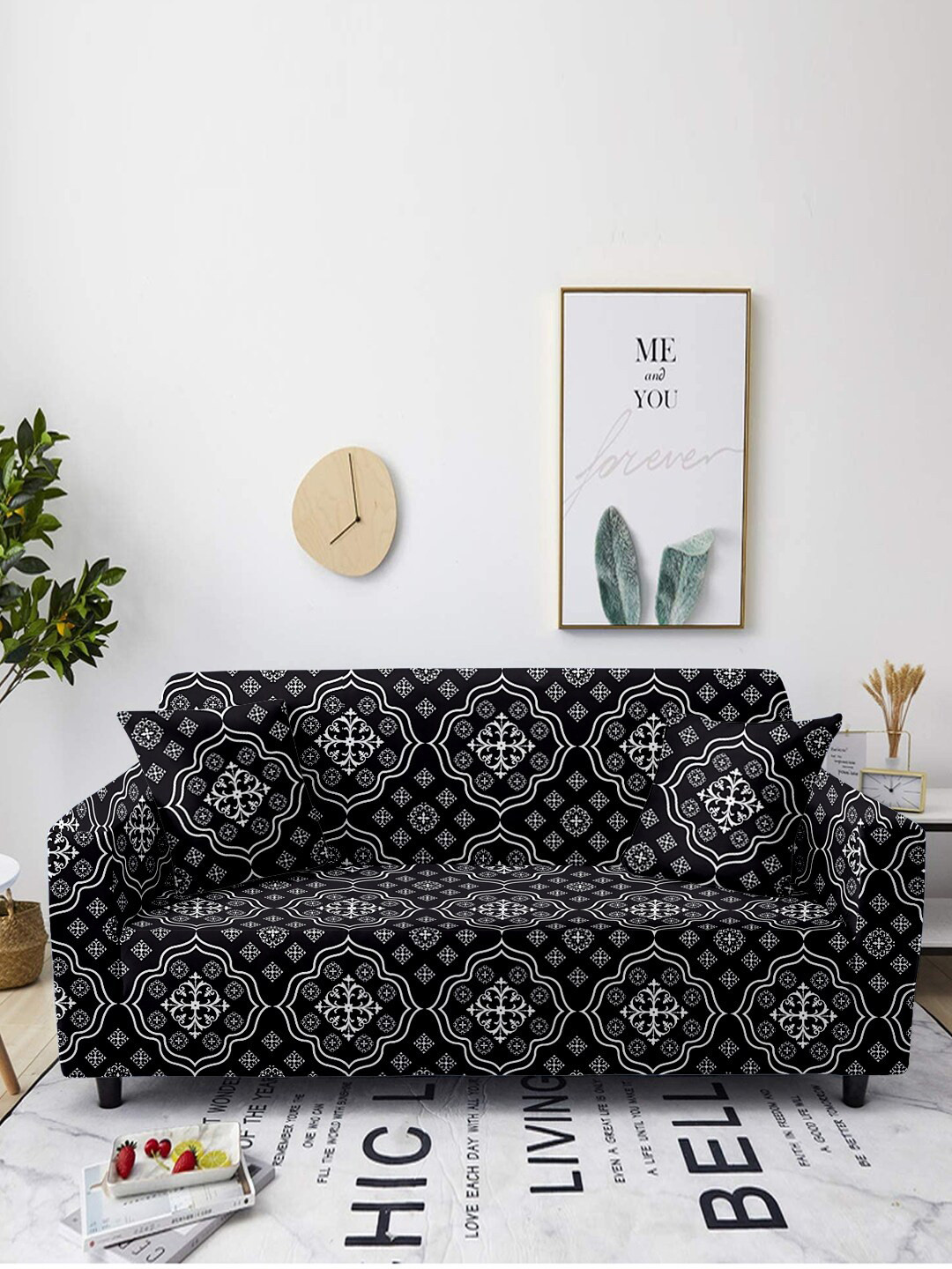 Aura Black & White Ethnic Motif Printed 3-Seater Sofa Cover