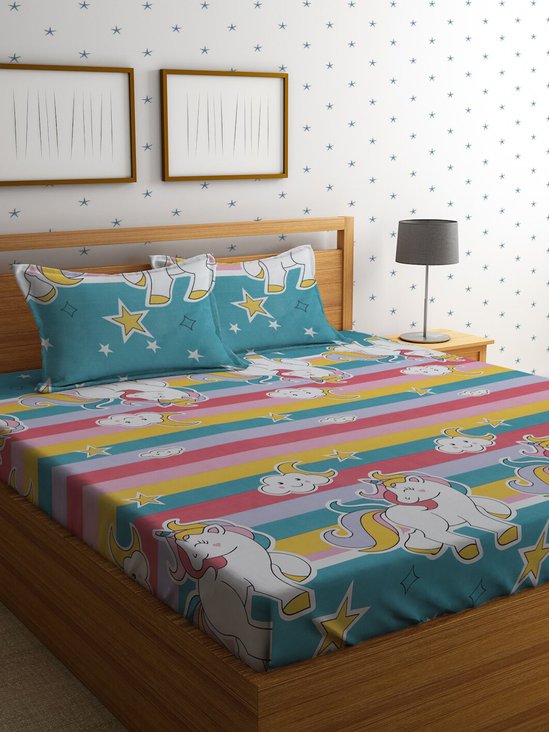 HOSTA HOMES White Cartoon Characters Polycotton 210 TC Queen Fine Bedsheet with 2 Pillow Covers-90 x 100 inches