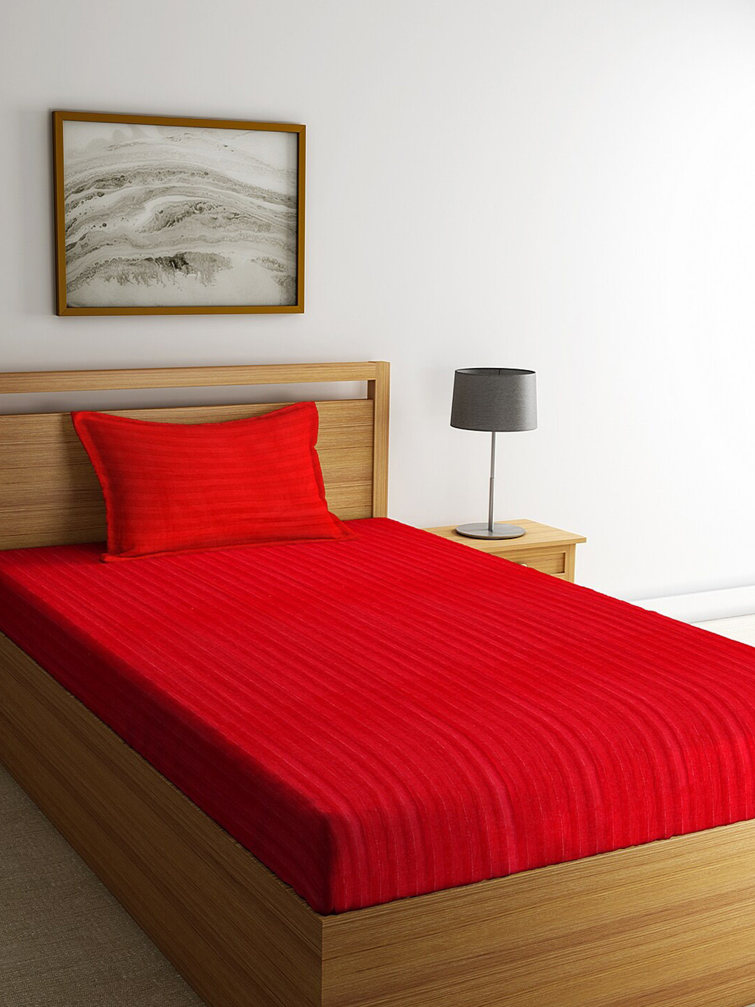 HOSTA HOMES Red Striped Cotton 300 TC Single Fine Bedsheet with a Pillow Cover-60 x 90 inches