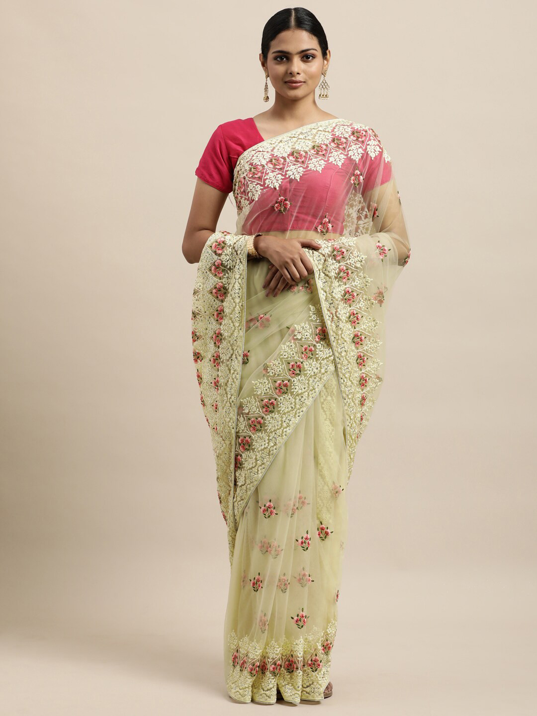 kasee Off White & White Floral Embroidered Net Saree