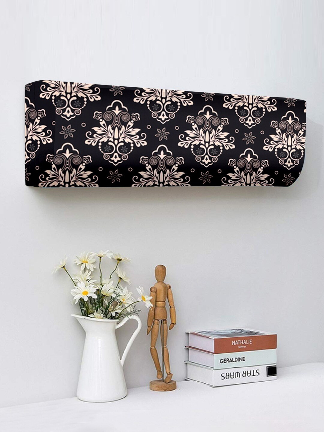 Cortina Black & Peach-Colored Motif Printed Air Conditioner Cover