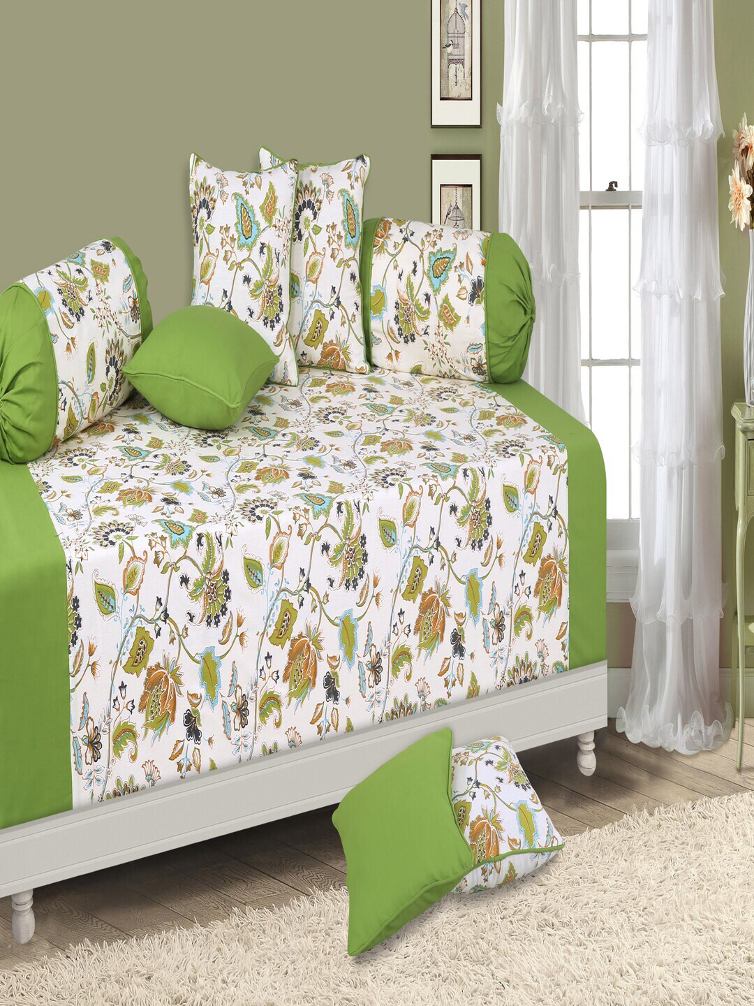 SHADES of LIFE 8 Pcs Green & White Floral Printed Cotton Diwan
