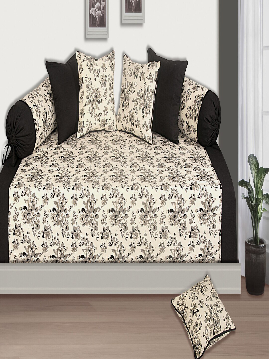 SHADES of LIFE Black & Cream 8 Pcs Floral Printed Cotton Diwan Set