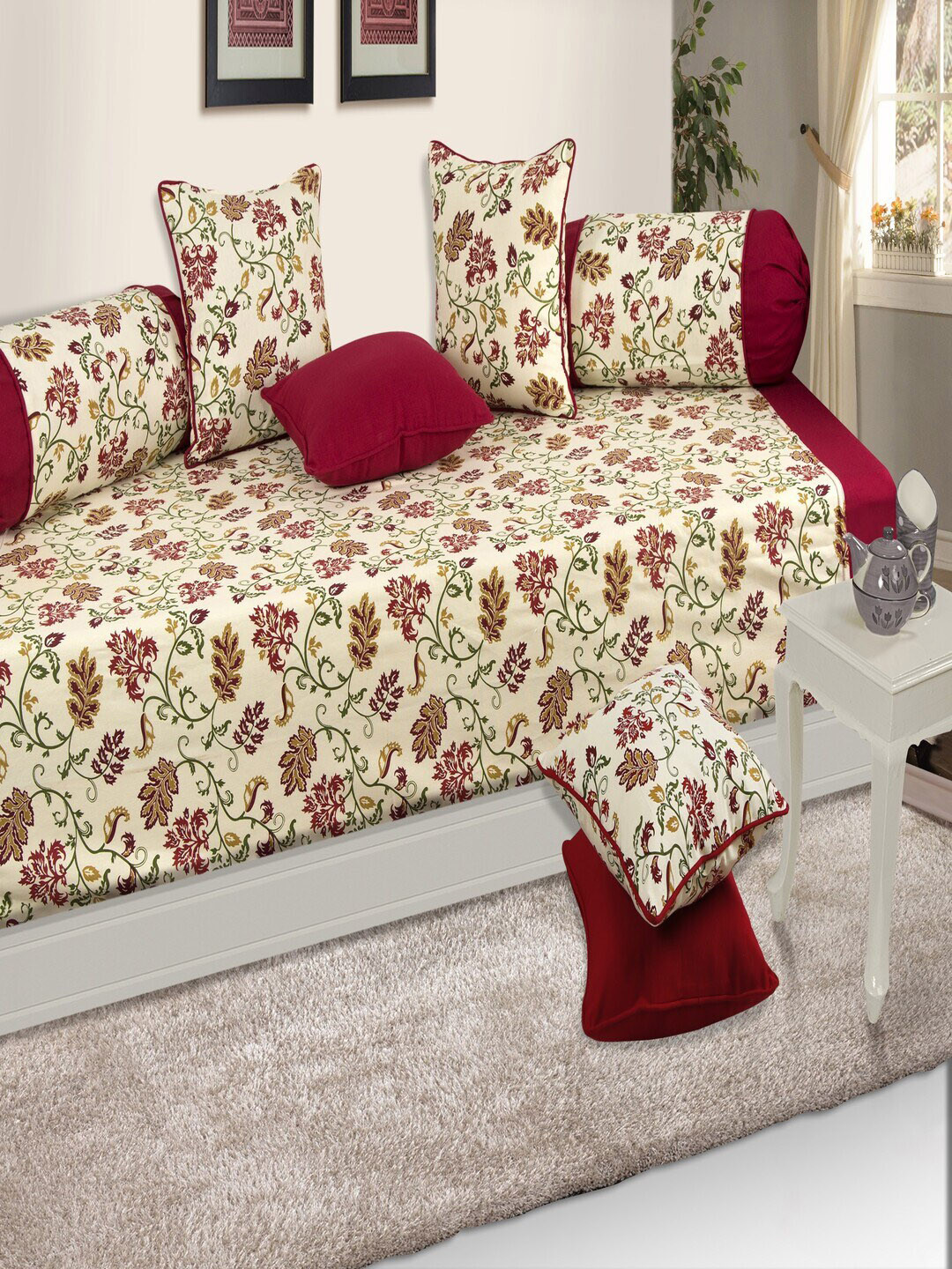 SHADES of LIFE Beige & Maroon 8 Pcs Floral Printed Cotton Diwan Set