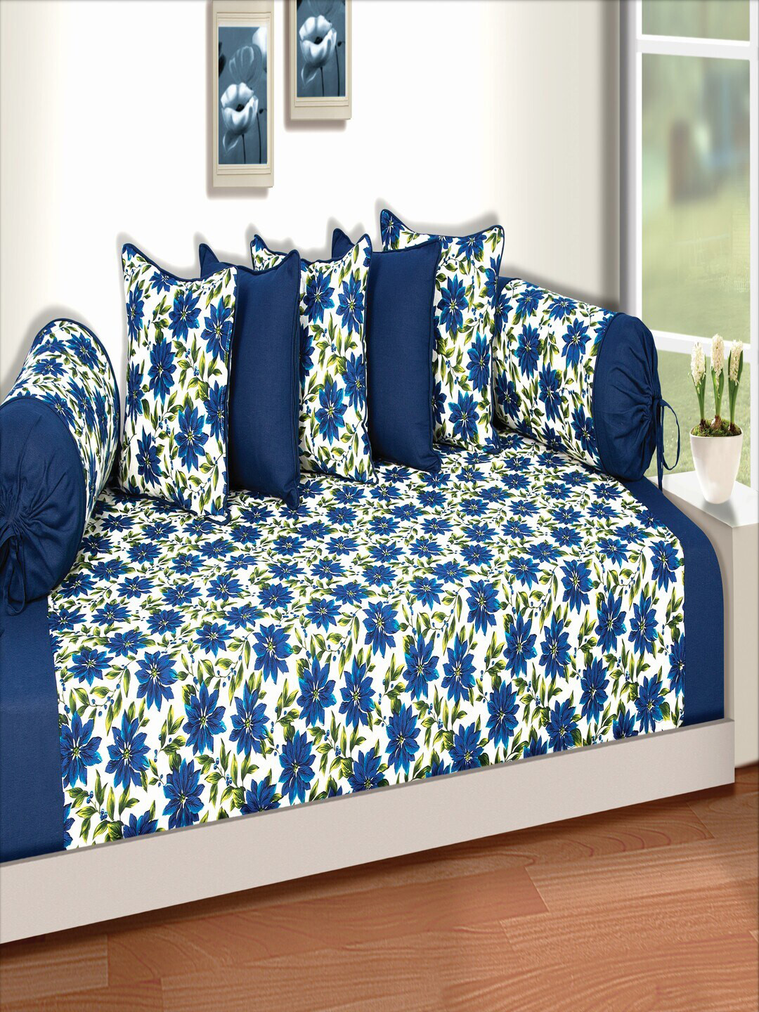 SHADES of LIFE 8 Pcs Blue & White Floral Printed Cotton Diwan Set