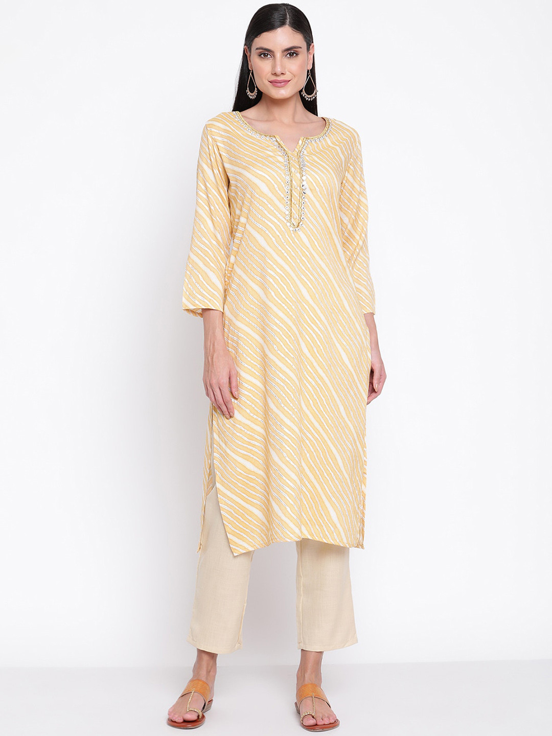 Be Indi Women Round Neck Striped A-Line Side Slits Regular Kurta