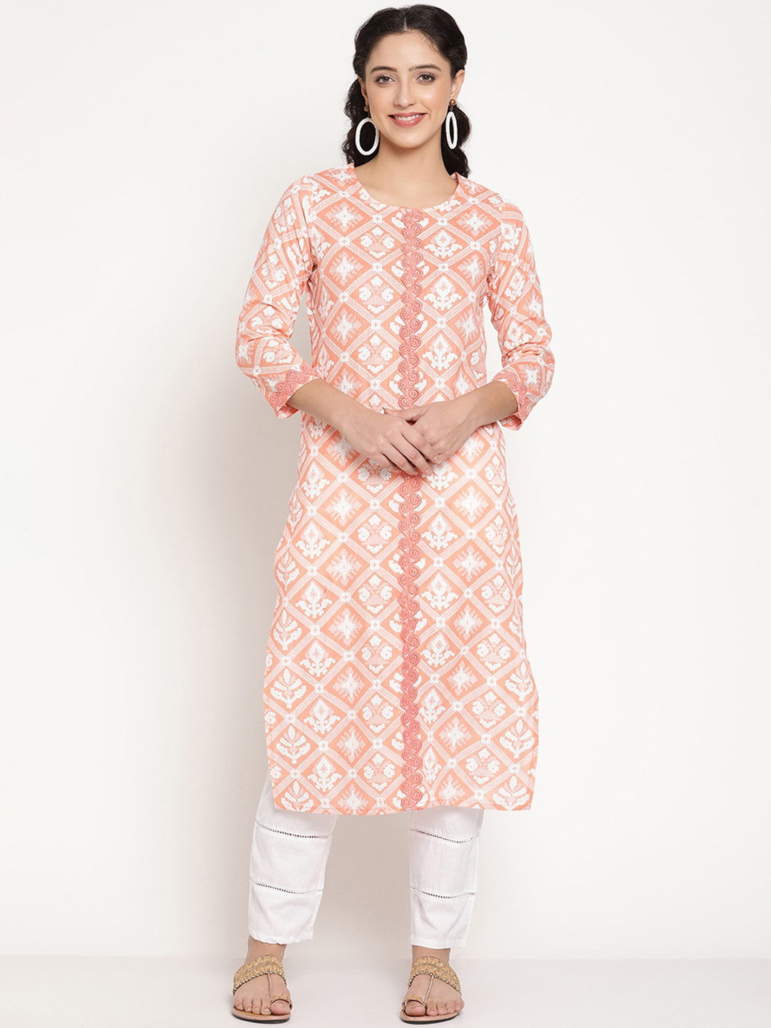 Be Indi Women Round Neck Geometric A-Line Side Slits Regular Kurta