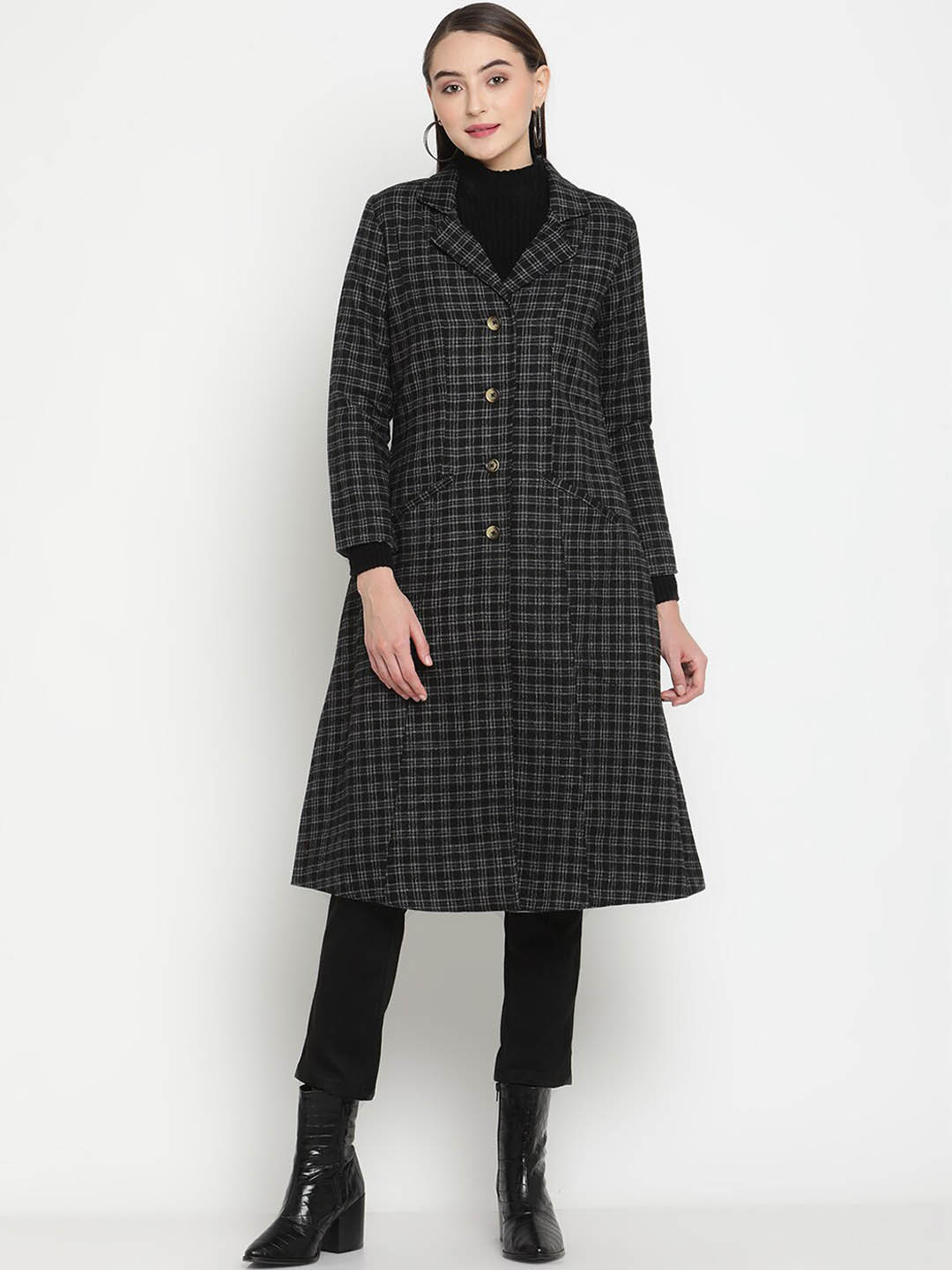 Be Indi Women Checked Acrylic A-Line Overcoat