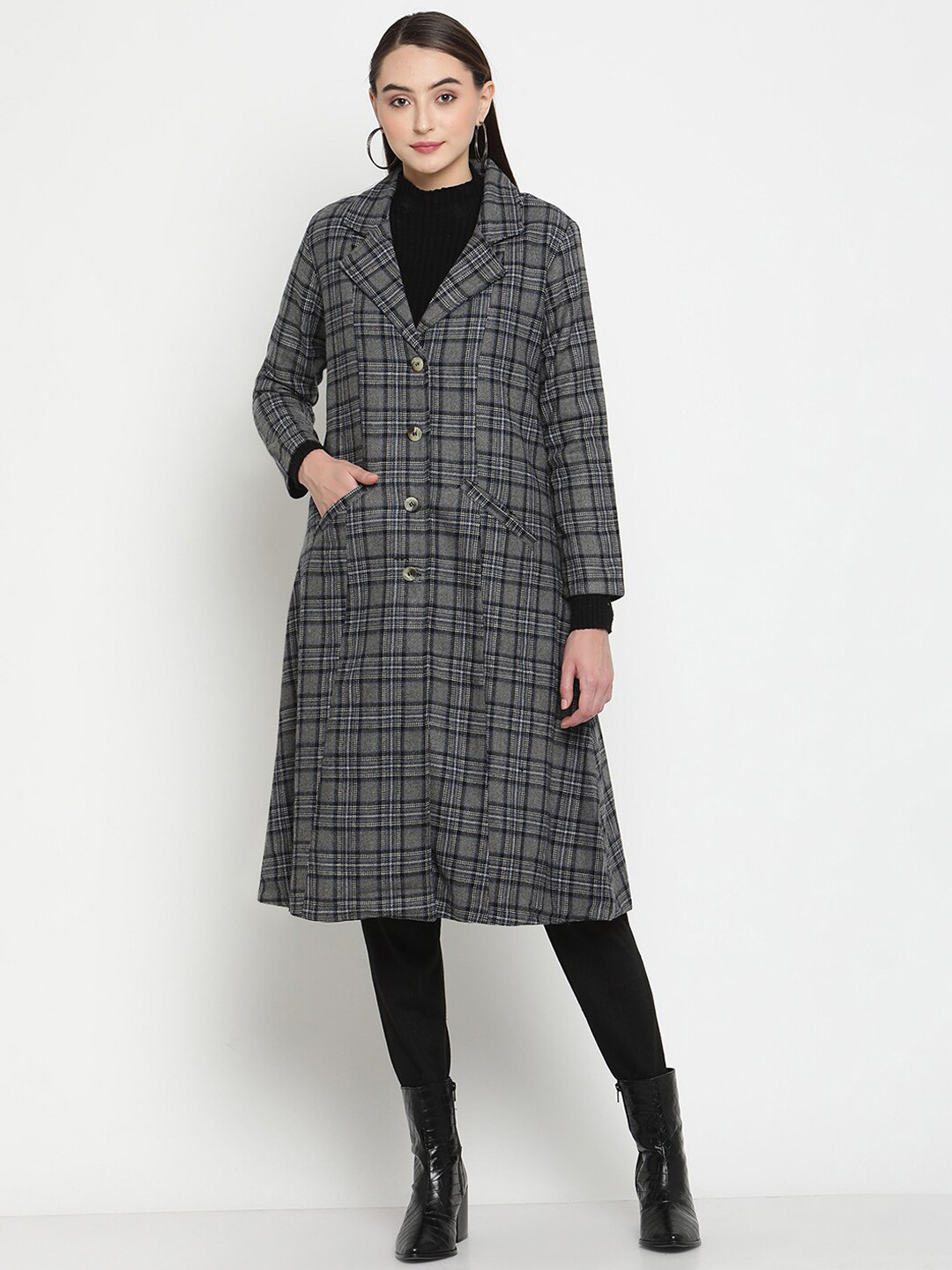 Be Indi Women Checked Acrylic A-Line Overcoat
