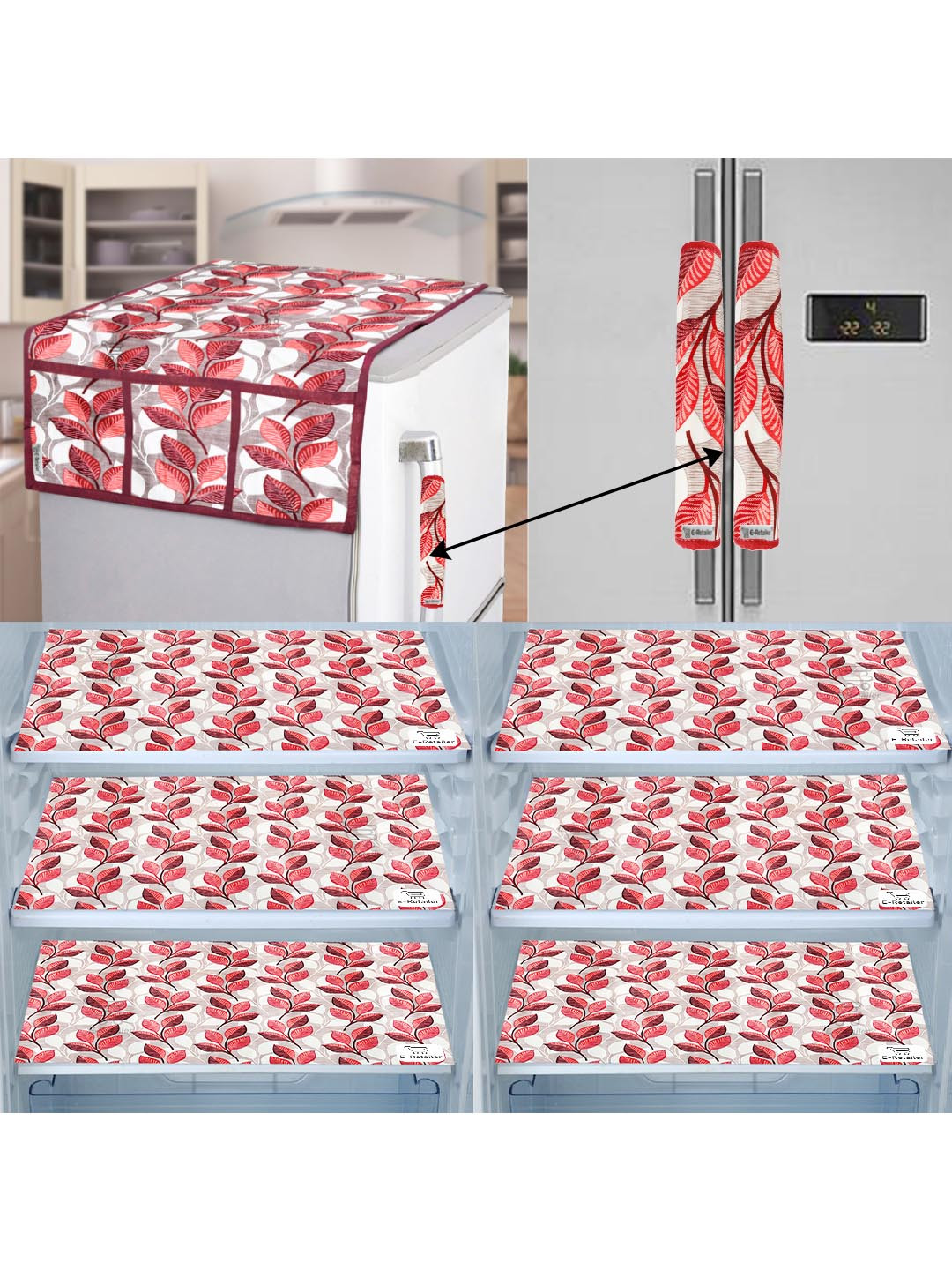 E-Retailer 9 Pieces Set Of 1 Refrigerator Top Cover 2 Fridge Handle Cover & 6 Fridge Mats