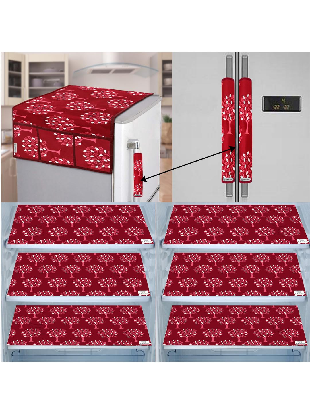 E-Retailer 9 Pieces Set Of 1 Refrigerator Top Cover 2 Fridge Handle Cover & 6 Fridge Mats
