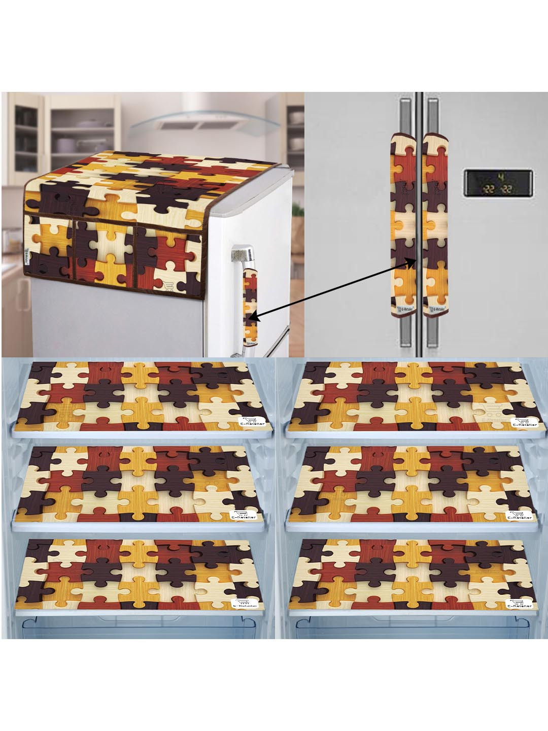 E-Retailer 9 Pieces Set Of 1 Refrigerator Top Cover 2 Fridge Handle Cover & 6 Fridge Mats