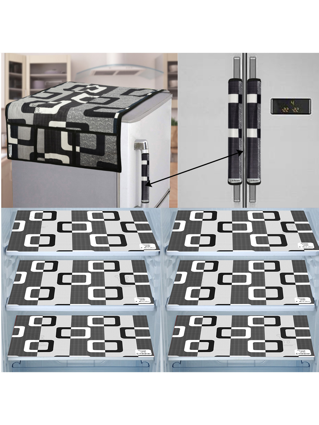 E-Retailer 9 Pieces Set Of 1 Refrigerator Top Cover 2 Fridge Handle Cover & 6 Fridge Mats
