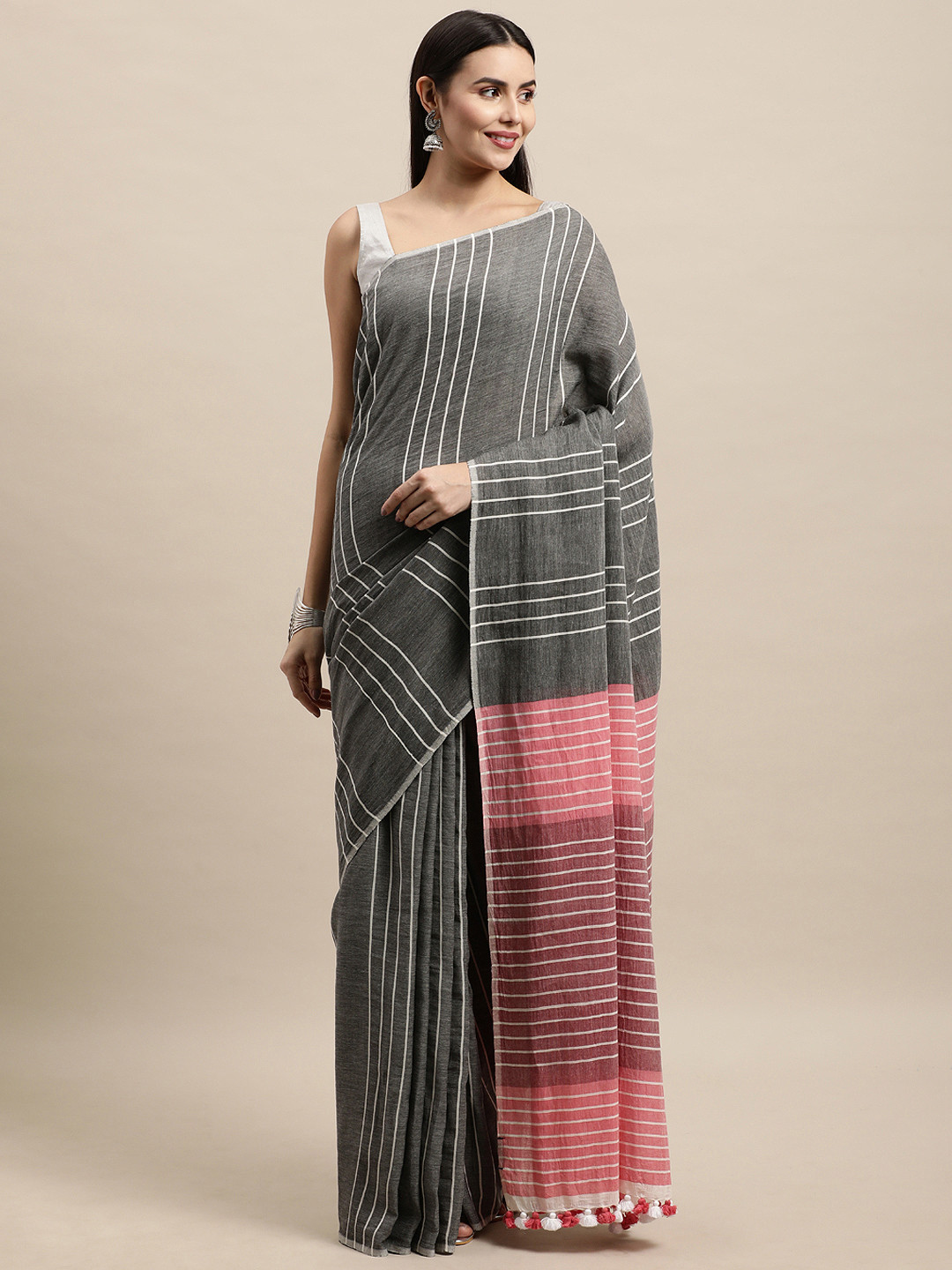 ArtEastri Grey & Pink Striped Cotton Saree Without Blouse Piece