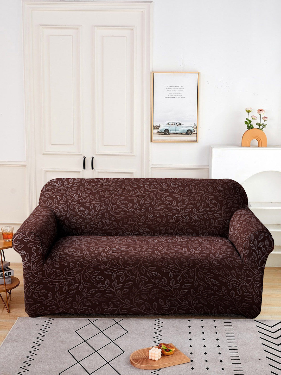 Cortina Brown Floral Printed 2-Seater Sofa Cover