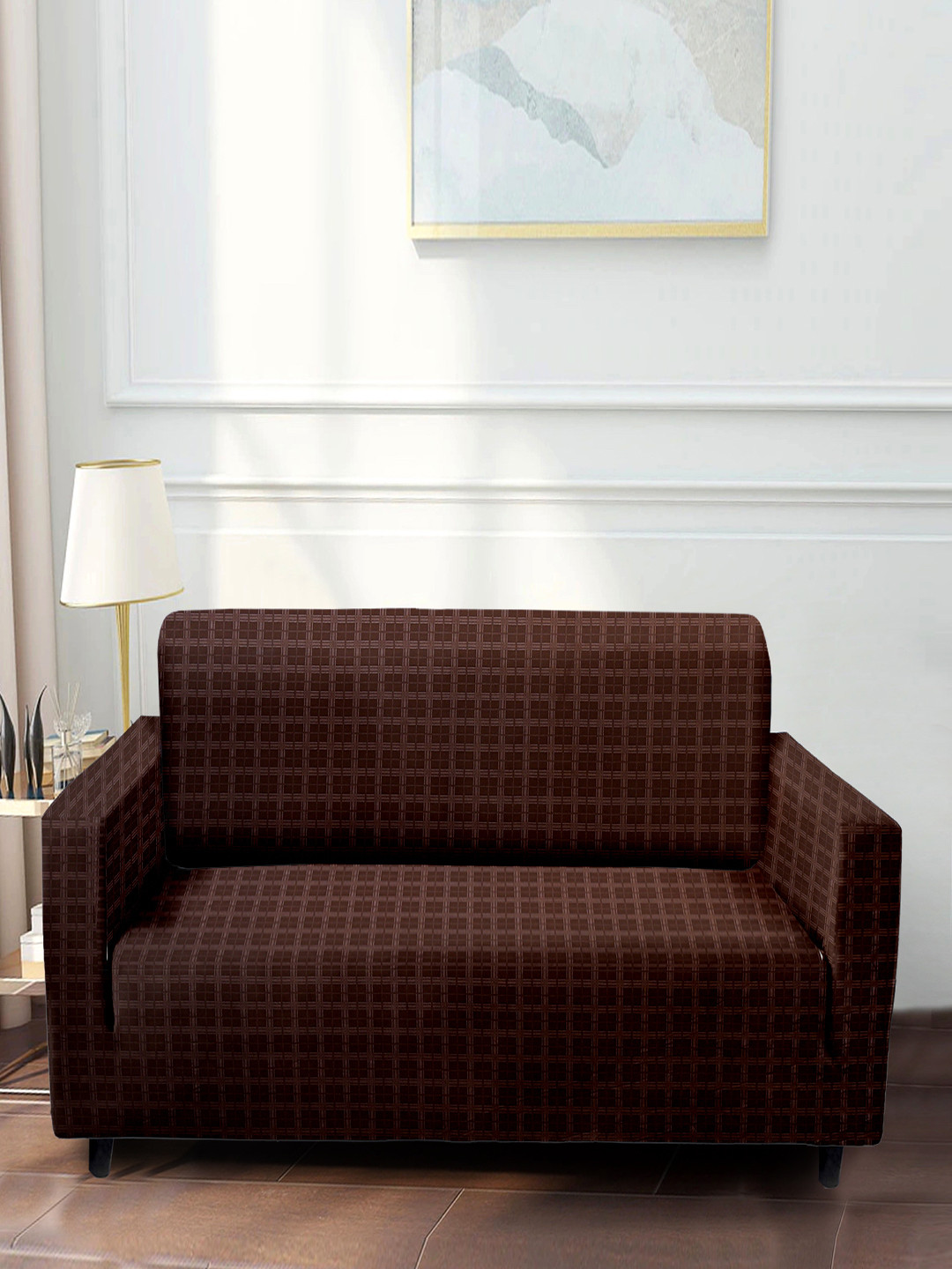 Cortina Brown Checked Stretchable 2-Seater Sofa Cover