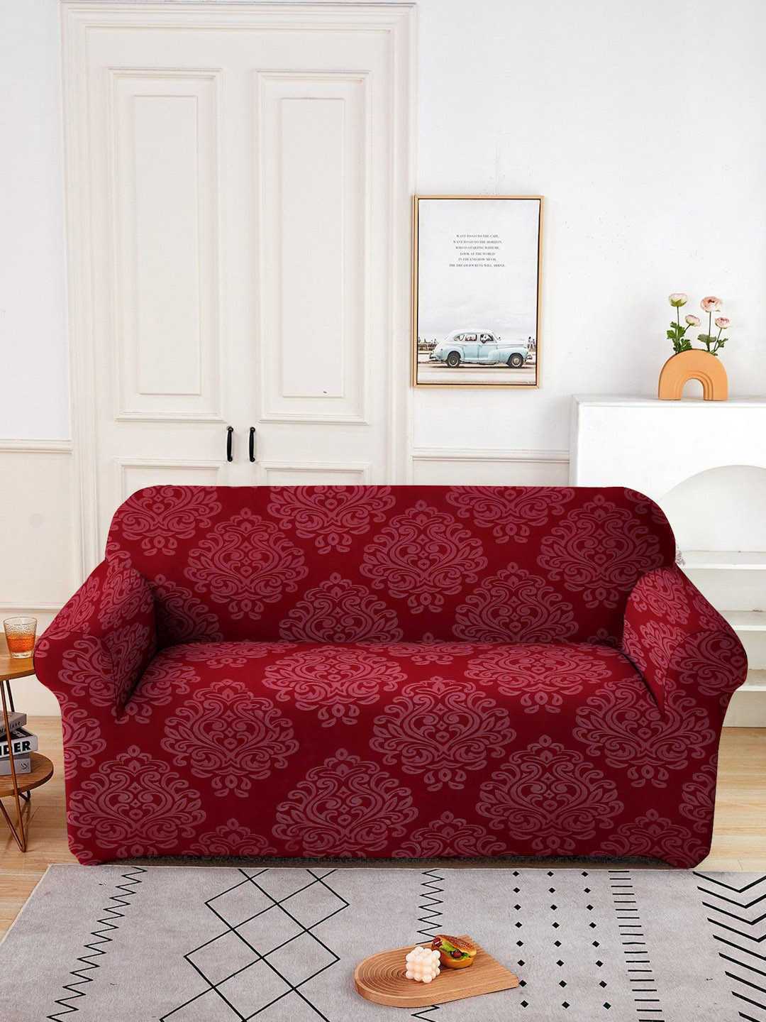 Cortina Maroon Ethnic Motifs Printed Stretchable 2-Seater Sofa Cover