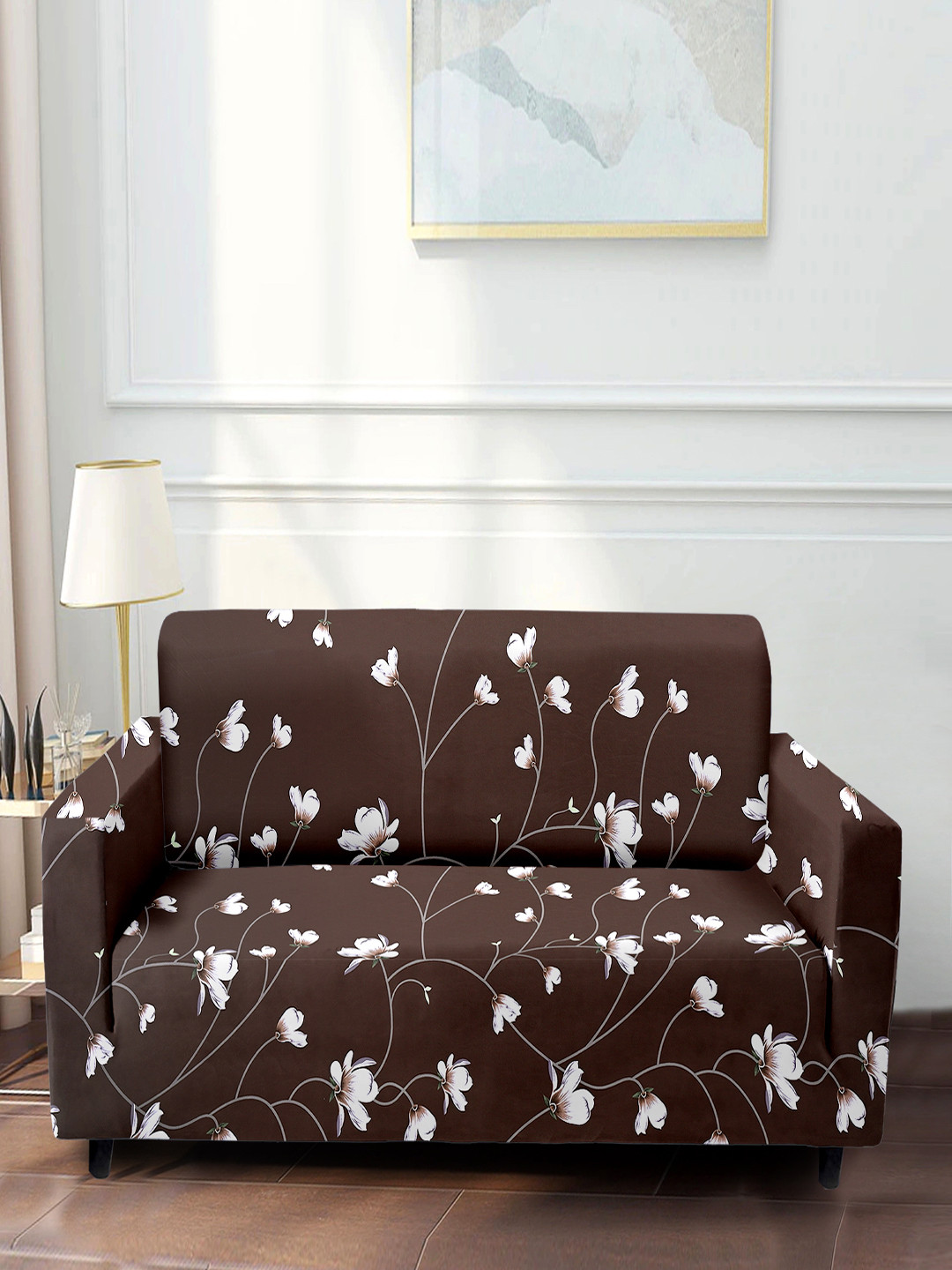 Cortina Brown & White Floral Printed Stretchable 2-Seater Sofa Cover