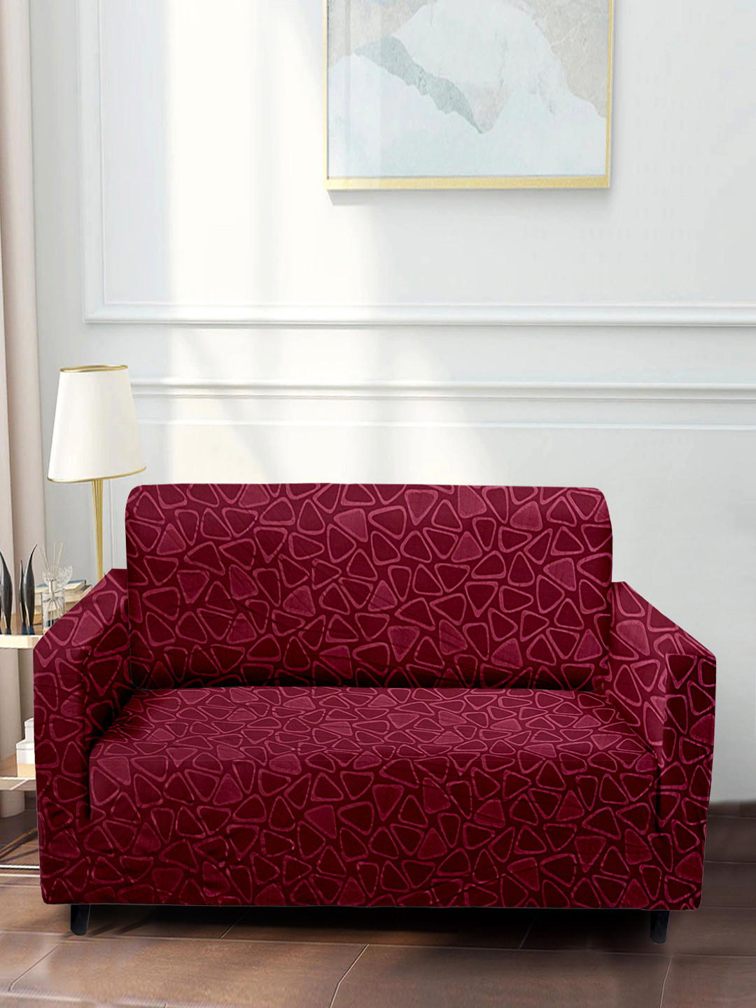 Cortina Burgundy Geometric Printed Stretchable 2-Seater Sofa Cover