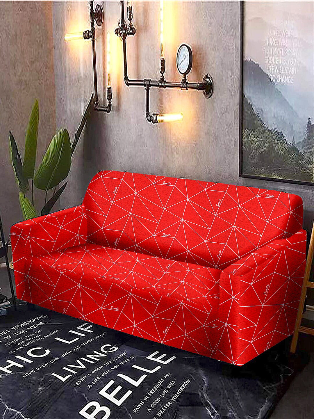 Cortina Red Geometric Printed 2-Seater Sofa Cover