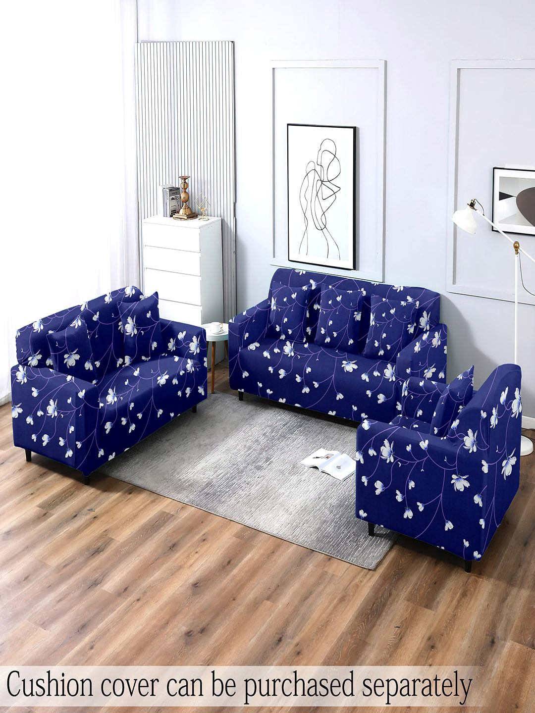 Cortina 3 Pieces Navy Blue & White Floral Printed Stretchable Sofa Cover
